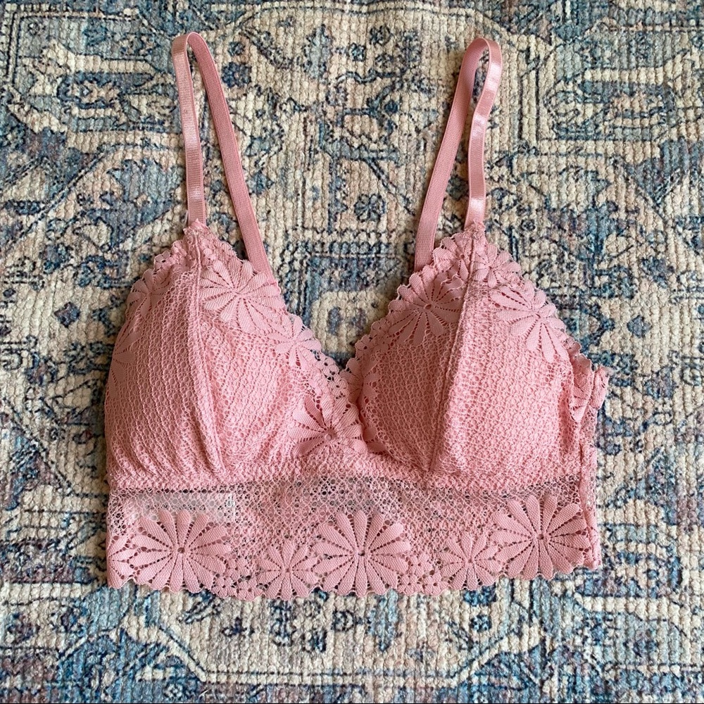 Pink lace bralette.